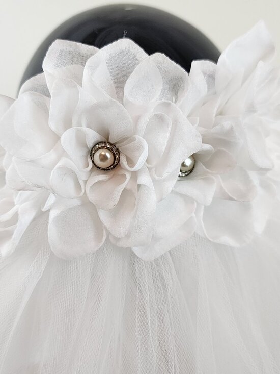 Vintage White Tulle Double Layer Wedding Bridal Veil w/ White Roses Rhinestones main image 5